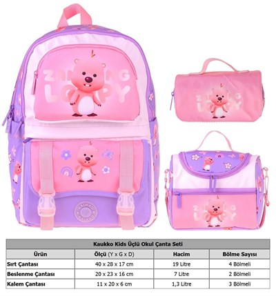 Kaukko Kids Loopy(Lila - Pembe Renk) Kız Çocuk Üçlü İlkokul Okul Çantası Seti/Takımı - SETKK-L5303A
