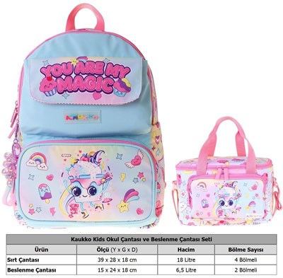 Kaukko Kids Magic Kız Çocuk Pembe İlkokul Sırt Çantası ve Beslenme Çanta Seti - SETKK-L5283B