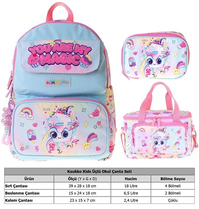 Kaukko Kids Magic(Pembe Renk) Kız Çocuk Üçlü İlkokul Okul Çantası Seti/Takımı - SETKK-L5283D