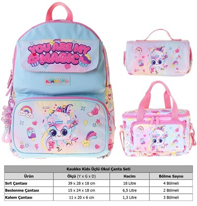 Kaukko Kids Magic(Pembe Renk) Kız Çocuk Üçlü İlkokul Okul Çantası Seti/Takımı - SETKK-L5283A