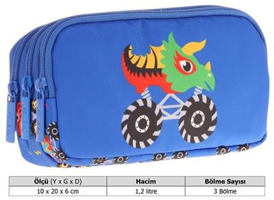 Kaukko Kids Mavi, Canavar Baskılı, Erkek Çocuk Üç Bölmeli Okul Kalem Çantası - L8255