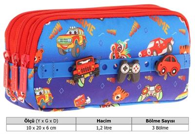 Kaukko Kids Mavi Kırmızı, Arabalar, Erkek Çocuk Üç Bölmeli Okul Kalem Çantası - L8258