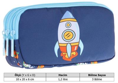 Kaukko Kids Mavi Lacivert, Roket Baskılı, Erkek Çocuk Üç Bölmeli Okul Kalem Çantası - L8260