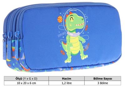 Kaukko Kids Mavi Yeşil, Dinazor, Erkek Çocuk Üç Bölmeli Okul Kalem Çantası - L8262