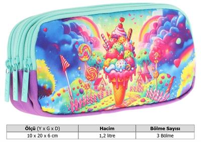 Kaukko Kids Mavi Yeşil, Dondurma, Kız Çocuk Üç Gözlü Okul Kalem Çantası - L8251