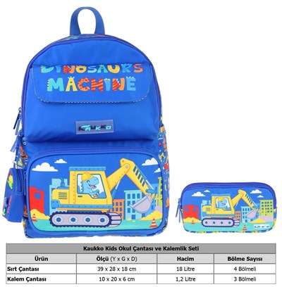 Kaukko Kids Mechanic Mavi - Sarı Erkek Çocuk İlkokul Sırt Çantası ve Kalem Çantası Seti - SETKK-L5369C