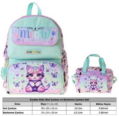 Kaukko Kids Meow Kız Çocuk Yeşil - Mor İlkokul Sırt Çantası ve Beslenme Çanta Seti - SETKK-L5288B