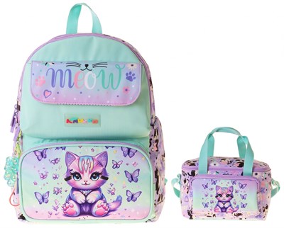 Kaukko Kids Meow Kız Çocuk Yeşil - Mor İlkokul Sırt Çantası ve Beslenme Çanta Seti - SETKK-L5288B