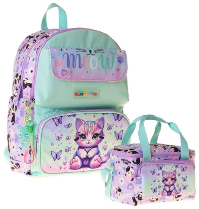 Kaukko Kids Meow Kız Çocuk Yeşil - Mor İlkokul Sırt Çantası ve Beslenme Çanta Seti - SETKK-L5288B