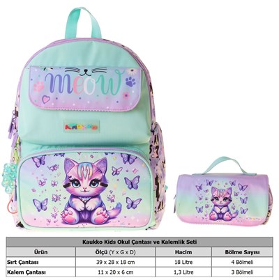 Kaukko Kids Meow Yeşil - Mor Kız Çocuk İlkokul Sırt Çantası ve Kalem Çantası Seti - SETKK-L5288C