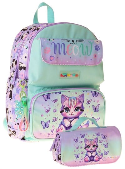 Kaukko Kids Meow Yeşil - Mor Kız Çocuk İlkokul Sırt Çantası ve Kalem Çantası Seti - SETKK-L5288C