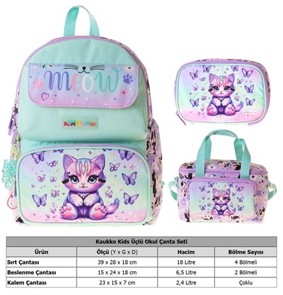 Kaukko Kids Meow(Yeşil - Mor Renk) Kız Çocuk Üçlü İlkokul Okul Çantası Seti/Takımı - SETKK-L5288D