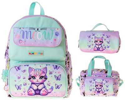 Kaukko Kids Meow(Yeşil - Mor Renk) Kız Çocuk Üçlü İlkokul Okul Çantası Seti/Takımı - SETKK-L5288A