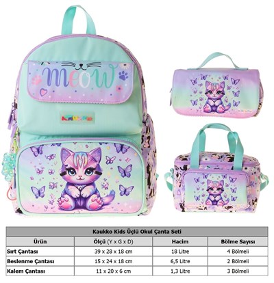 Kaukko Kids Meow(Yeşil - Mor Renk) Kız Çocuk Üçlü İlkokul Okul Çantası Seti/Takımı - SETKK-L5288A