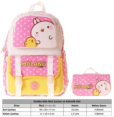 Kaukko Kids Molang Pembe - Sarı Kız Çocuk İlkokul Sırt Çantası ve Kalem Çantası Seti - SETKK-L5318C