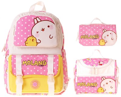 Kaukko Kids Molang(Pembe - Sarı Renk) Kız Çocuk Üçlü İlkokul Okul Çantası Seti/Takımı - SETKK-L5318A