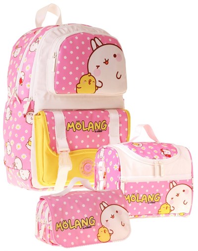 Kaukko Kids Molang(Pembe - Sarı Renk) Kız Çocuk Üçlü İlkokul Okul Çantası Seti/Takımı - SETKK-L5318A