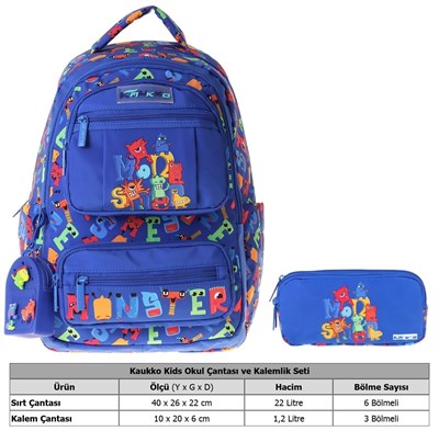 Kaukko Kids Monster Mavi Erkek Çocuk İlkokul Sırt Çantası ve Kalem Çantası Seti - SETKK-L5404C