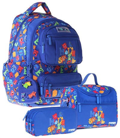 Kaukko Kids Monster(Mavi Renk) Erkek Çocuk Üçlü İlkokul Okul Çantası Seti/Takımı - SETKK-L5404A