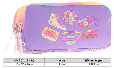 Kaukko Kids Mor Çok Renkli, Hobi Baskılı, Kız Çocuk Üç Gözlü Okul Kalem Çantası - L8238