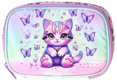 Kaukko Kids Mor Kedi Desenli Yeşil - Mor Kız Çocuk Organizer Kalem Çantası - Kalemlik - L5294