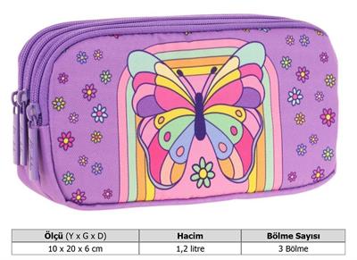Kaukko Kids Mor Pembe, Kelebek, Kız Çocuk Üç Gözlü Okul Kalem Çantası - L8248