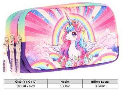 Kaukko Kids Mor Pembe, Unicorn, Kız Çocuk Üç Gözlü Okul Kalem Çantası - L8249
