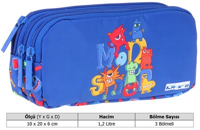 Kaukko Kids Moster Baskılı Mavi Erkek Çocuk Okul Kalemliği Kalem Çantası - L5406