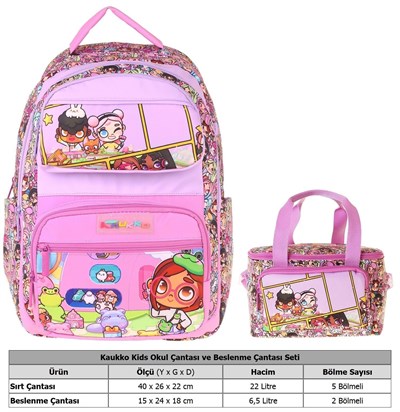 Kaukko Kids Nagy Kız Çocuk Pembe İlkokul Sırt Çantası ve Beslenme Çanta Seti - SETKK-L5333B
