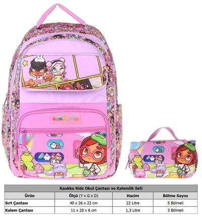 Kaukko Kids Nagy Pembe Kız Çocuk İlkokul Sırt Çantası ve Kalem Çantası Seti - SETKK-L5333C