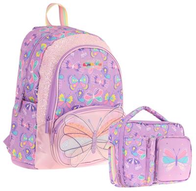 Kaukko Kids Nakışlı Kelebek Desenli Okul Çantası (L5222) ve Thermo Beslenme Çantası (L7222) Seti - Kız Çocuk