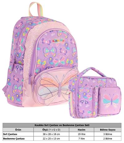 Kaukko Kids Nakışlı Kelebek Desenli Okul Çantası (L5222) ve Thermo Beslenme Çantası (L7222) Seti - Kız Çocuk