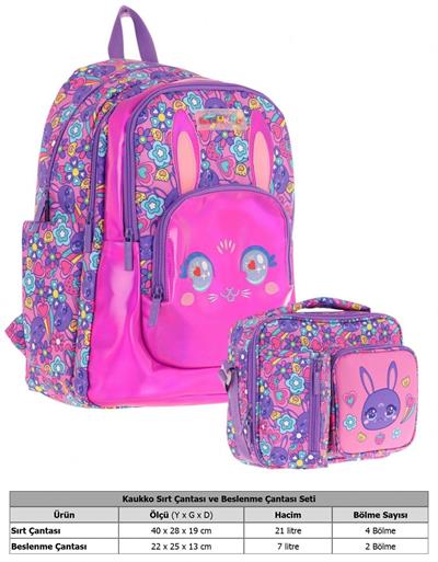 Kaukko Kids Okul ve Beslenme Çantası Seti (Kız Çocuk) - Tavşan Şekilli Mor Pembe - (L5220+L7220)