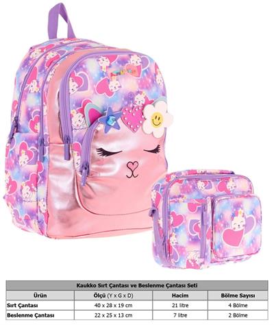 Kaukko Kids Okul ve Beslenme Çantası Seti (Kız Çocuk) - Kedi Şekilli Pembe Mor - (L5219+L7219)