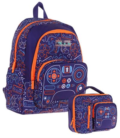 Kaukko Kids Oyun Temalı Erkek Çocuk Lacivert Turuncu Okul Çantası ve Beslenme Çanta Takımı