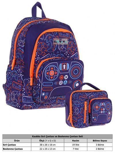 Kaukko Kids Oyun Temalı Erkek Çocuk Lacivert Turuncu Okul Çantası ve Beslenme Çanta Takımı