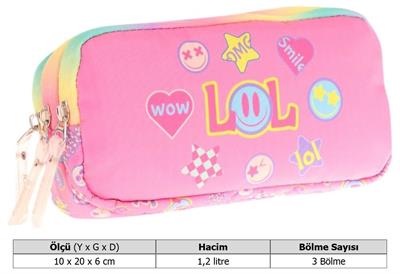 Kaukko Kids Pembe Çok Renkli, Lol Baskılı, Kız Çocuk Üç Gözlü Okul Kalem Çantası - L8237