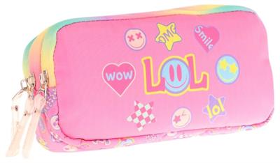 Kaukko Kids Pembe Çok Renkli, Lol Baskılı, Kız Çocuk Üç Gözlü Okul Kalem Çantası - L8237