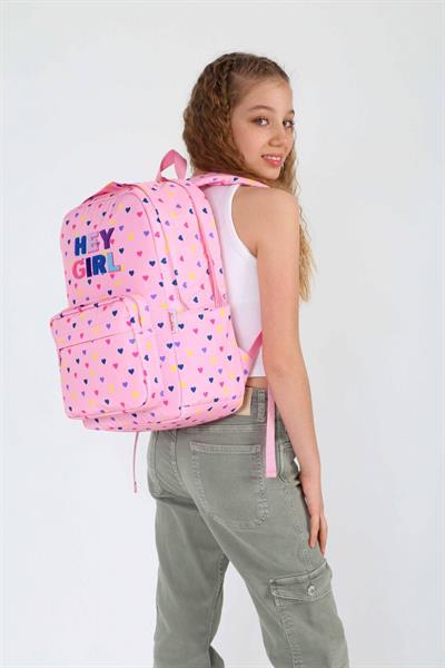 Kaukko Kids Pembe Kalp Hey Girl Kız Çocuk İlkokul ve Ortaokul Okul Sırt Çantası