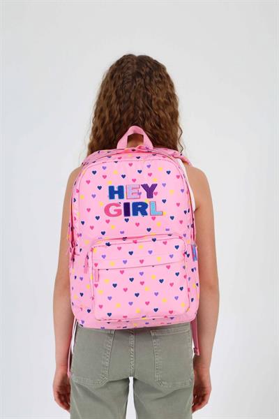 Kaukko Kids Pembe Kalp Hey Girl Kız Çocuk İlkokul ve Ortaokul Okul Sırt Çantası