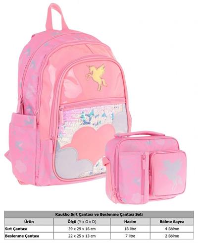 Kaukko Kids Pullu Bulut Desenli, Kız Çocuk Pembe Okul Çantası + Beslenme Çantası Seti (L5218+L7218)