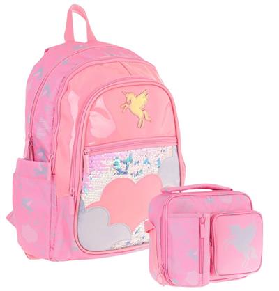 Kaukko Kids Pullu Bulut Desenli, Kız Çocuk Pembe Okul Çantası + Beslenme Çantası Seti (L5218+L7218)