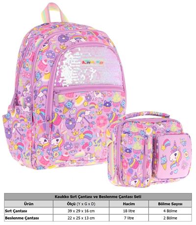 Kaukko Kids Pullu Sweet Desenli, Kız Çocuk Lila Okul Çantası + Beslenme Çantası Seti (L5215+L7215)
