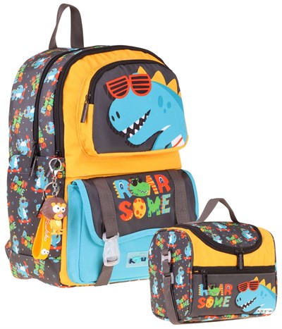 Kaukko Kids Roar Erkek Çocuk Sarı - Mavi İlkokul Sırt Çantası ve Beslenme Çanta Seti - SETKK-L5394B