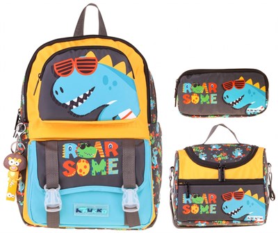 Kaukko Kids Roar(Sarı - Mavi Renk) Erkek Çocuk Üçlü İlkokul Okul Çantası Seti/Takımı - SETKK-L5394A