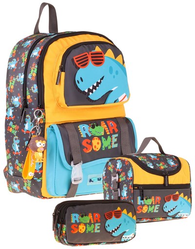 Kaukko Kids Roar(Sarı - Mavi Renk) Erkek Çocuk Üçlü İlkokul Okul Çantası Seti/Takımı - SETKK-L5394A