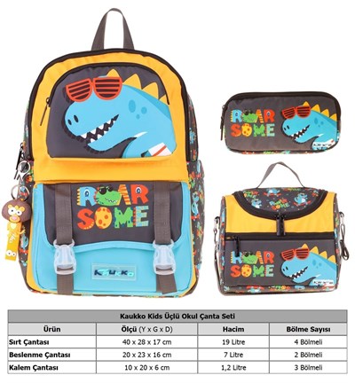 Kaukko Kids Roar(Sarı - Mavi Renk) Erkek Çocuk Üçlü İlkokul Okul Çantası Seti/Takımı - SETKK-L5394A