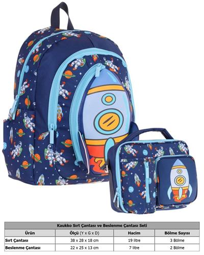 Kaukko Kids Roket Detaylı Okul Çantası (L5260) ve Thermo Beslenme Çantası (L7260) Seti - Erkek Çocuk