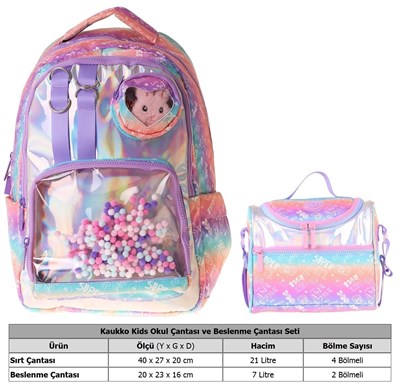 Kaukko Kids Rule Kız Çocuk Lila İlkokul Sırt Çantası ve Beslenme Çanta Seti - SETKK-L5348B