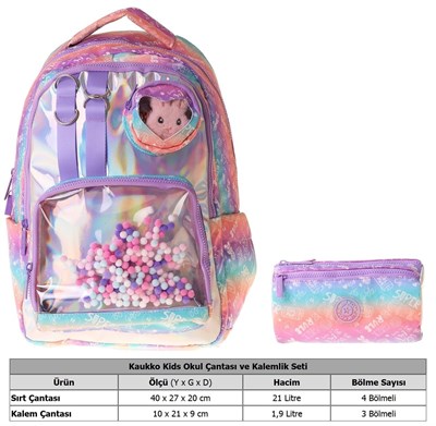 Kaukko Kids Rule Lila Kız Çocuk İlkokul Sırt Çantası ve Kalem Çantası Seti - SETKK-L5348C